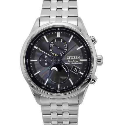 Montre homme Citizen Eco-Drive radiocommandée avec phases de lune, acier inoxydable, cadran noir, BY1030-50E, 100 m