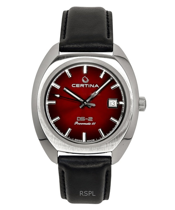 Montre de plongée automatique Certina DS-2 pour homme, bracelet en cuir, cadran rouge, C024.407.17.421.00, 200 m