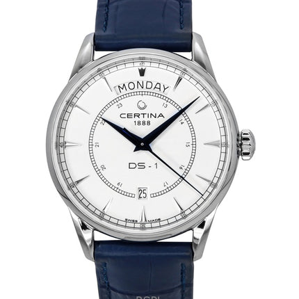 Montre homme Certina DS-1 Day-Date, bracelet cuir, cadran blanc, automatique, C029.430.16.011.00, 100 m