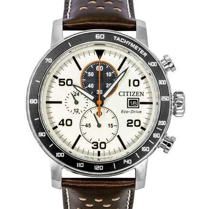 Montre homme Citizen Brycen Chronographe, bracelet en cuir marron, cadran ivoire, Eco-Drive CA0649-06X, étanche à 100 m