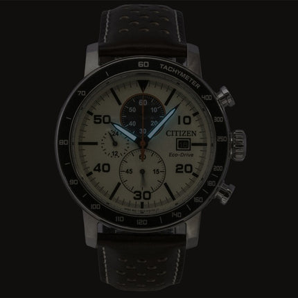 Montre homme Citizen Brycen Chronographe, bracelet en cuir marron, cadran ivoire, Eco-Drive CA0649-06X, étanche à 100 m