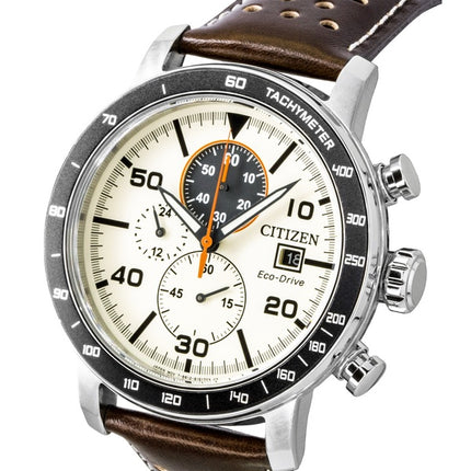 Montre homme Citizen Brycen Chronographe, bracelet en cuir marron, cadran ivoire, Eco-Drive CA0649-06X, étanche à 100 m