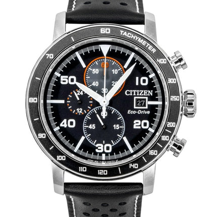 Montre homme Citizen Brycen Chronographe, bracelet cuir, cadran noir, Eco-Drive CA0649-14E, étanche à 100 m