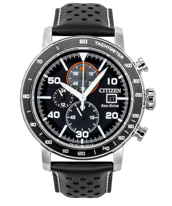 Montre homme Citizen Brycen Chronographe, bracelet cuir, cadran noir, Eco-Drive CA0649-14E, étanche à 100 m