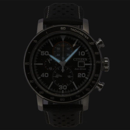 Montre homme Citizen Brycen Chronographe, bracelet cuir, cadran noir, Eco-Drive CA0649-14E, étanche à 100 m