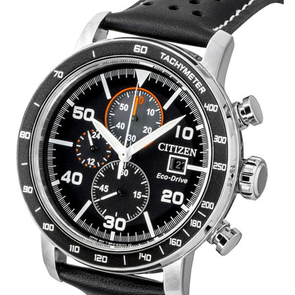 Montre homme Citizen Brycen Chronographe, bracelet cuir, cadran noir, Eco-Drive CA0649-14E, étanche à 100 m