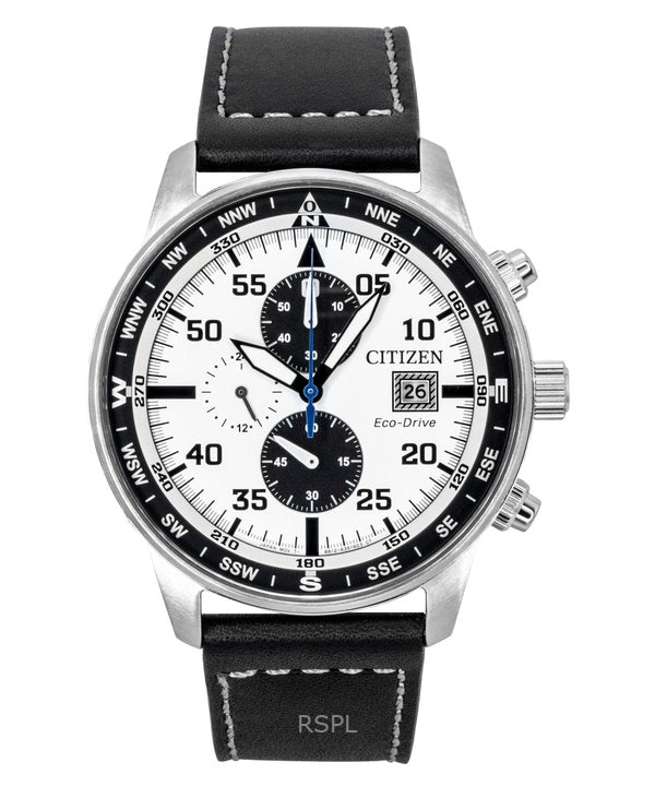Montre homme Citizen Eco-Drive Aviator Chronographe, bracelet en cuir, cadran blanc CA0880-07A, étanche à 100 m