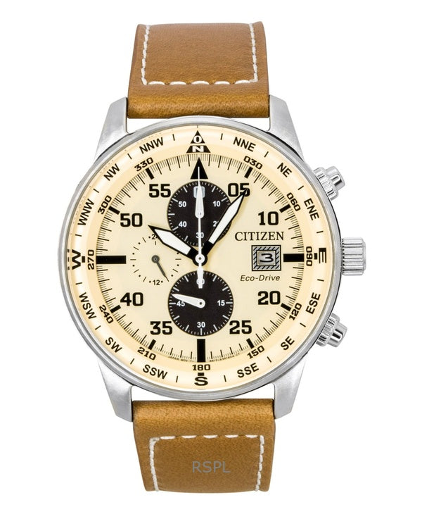 Montre homme Citizen Eco-Drive Aviator Chronographe, bracelet en cuir, cadran beige CA0880-15X, étanche à 100 m