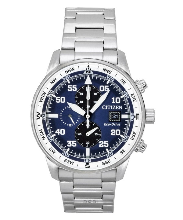 Montre homme Citizen Eco-Drive Aviator Chronographe en acier inoxydable, cadran bleu CA0880-58L, étanche à 100 m