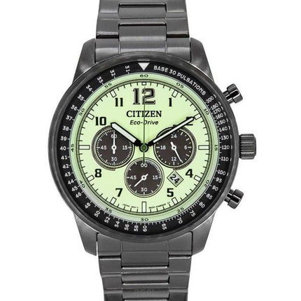 Montre pour homme Citizen Eco-Drive Chronographe Gris Ion en acier inoxydable Cadran vert entièrement lumineux CA4507-84X 100M
