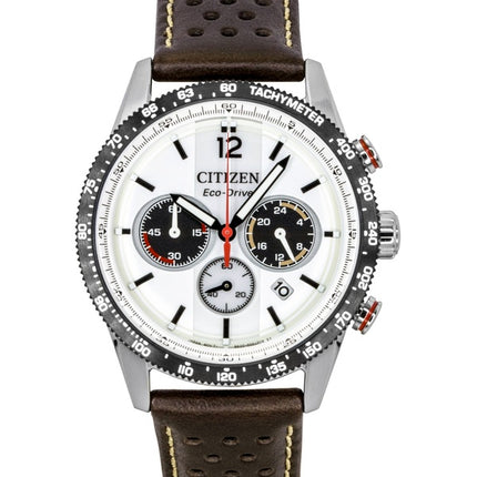 Montre homme Citizen Eco-Drive Chronographe Analogique Bracelet en Cuir Marron Cadran Blanc Solaire CA4714-04A 100M