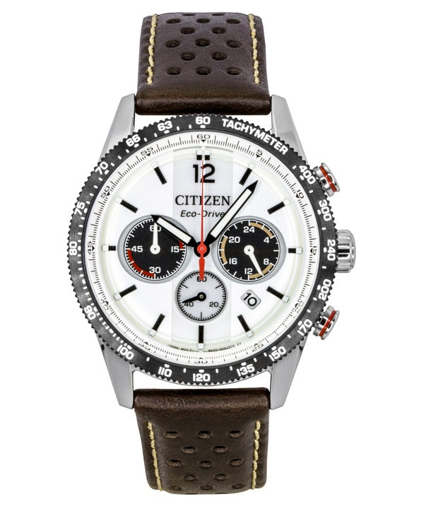 Montre homme Citizen Eco-Drive Chronographe Analogique Bracelet en Cuir Marron Cadran Blanc Solaire CA4714-04A 100M