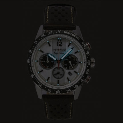 Montre homme Citizen Eco-Drive Chronographe Analogique Bracelet en Cuir Marron Cadran Blanc Solaire CA4714-04A 100M