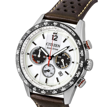 Montre homme Citizen Eco-Drive Chronographe Analogique Bracelet en Cuir Marron Cadran Blanc Solaire CA4714-04A 100M