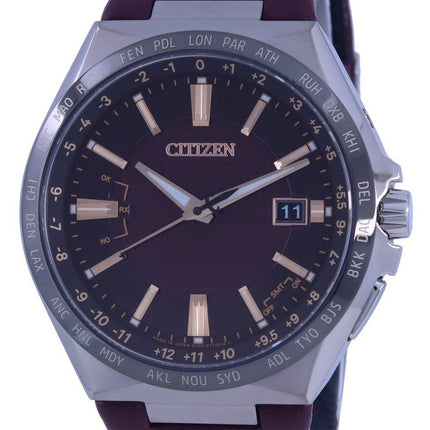 Montre pour homme Citizen Attesa World Time avec cadran bordeaux et bracelet en cuir Eco-Drive CB0216-07W 100M