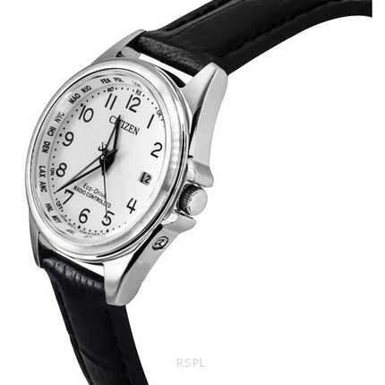 Montre Citizen radiocommandée avec bracelet en cuir et cadran blanc Eco-Drive EC1180-14A 100M pour femme