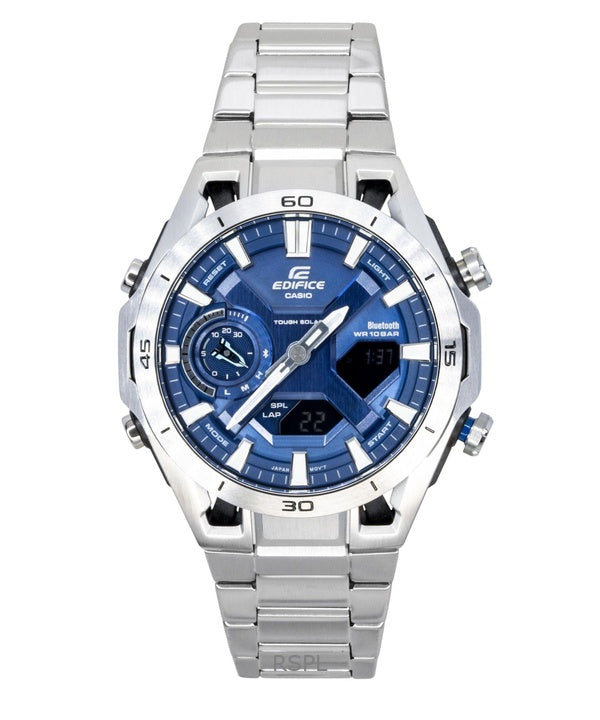 Montre homme Casio Edifice analogique-numérique en acier inoxydable, cadran bleu, solaire ECB-2300D-2A, étanche à 100 m