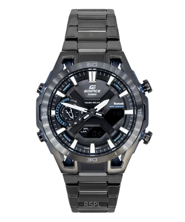 Montre homme Casio Edifice analogique-numérique en acier inoxydable, cadran noir, solaire ECB-2300DC-1A, étanche à 100 m