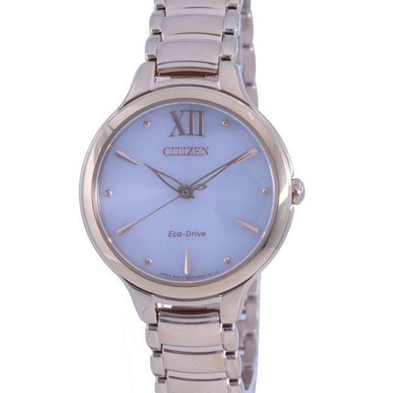 Montre Citizen Eco-Drive EM0553-85A en acier inoxydable ton or rose pour femme avec cadran blanc