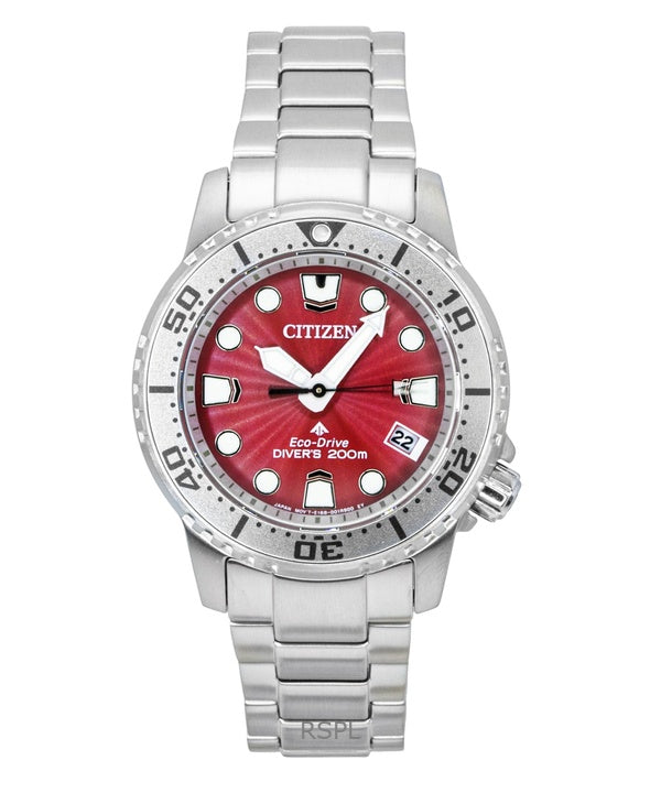 Montre femme Citizen Promaster Dive en acier inoxydable, cadran rouge, Eco-Drive EO2027-50Z, étanche à 200 m