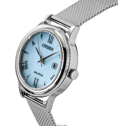 Montre Citizen Elegance en acier inoxydable avec cadran bleu Eco-Drive EW2621-75M pour femme, autonomie 100 m