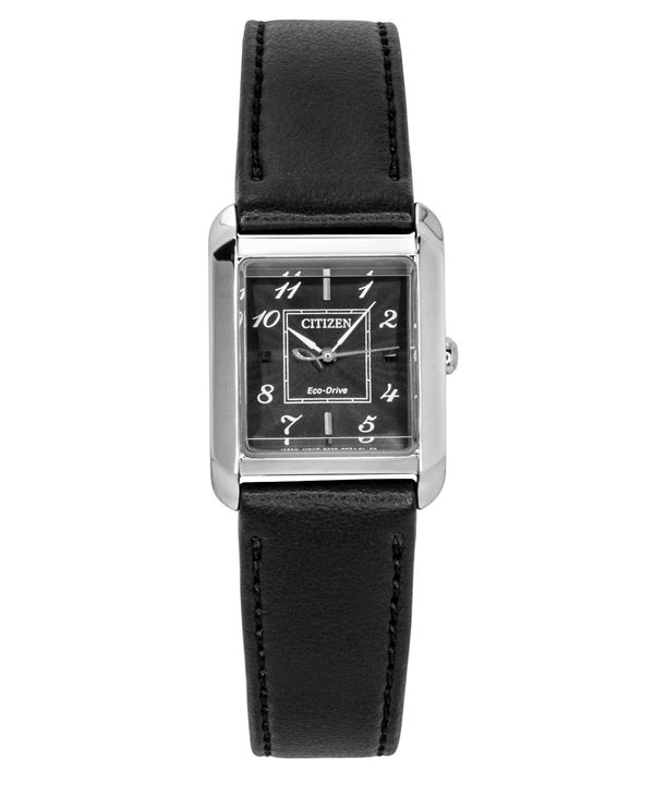 Montre femme Citizen Bianca, bracelet en cuir, cadran noir, Eco-Drive EW5600-01E