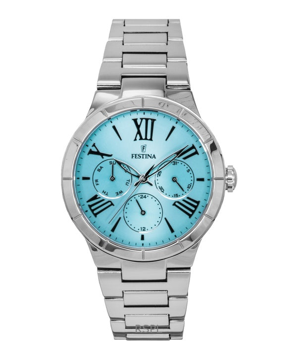 Montre Festina Boyfriend pour femme, multifonction, acier inoxydable, cadran bleu glacier, quartz, F16716-4