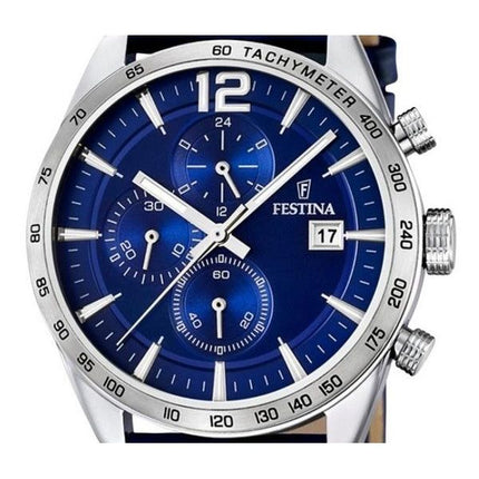 Montre chronographe Festina Timeless pour homme avec bracelet en cuir et cadran bleu à quartz F16760-3