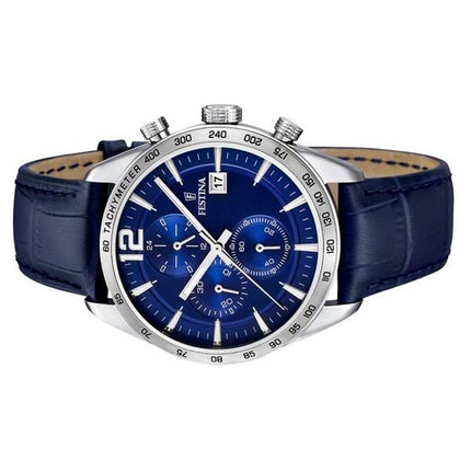 Montre chronographe Festina Timeless pour homme avec bracelet en cuir et cadran bleu à quartz F16760-3