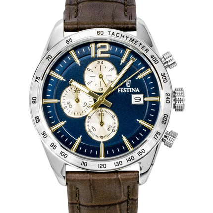 Montre homme Festina Chronographe à bracelet en cuir, cadran bleu et mouvement à quartz F16760-7