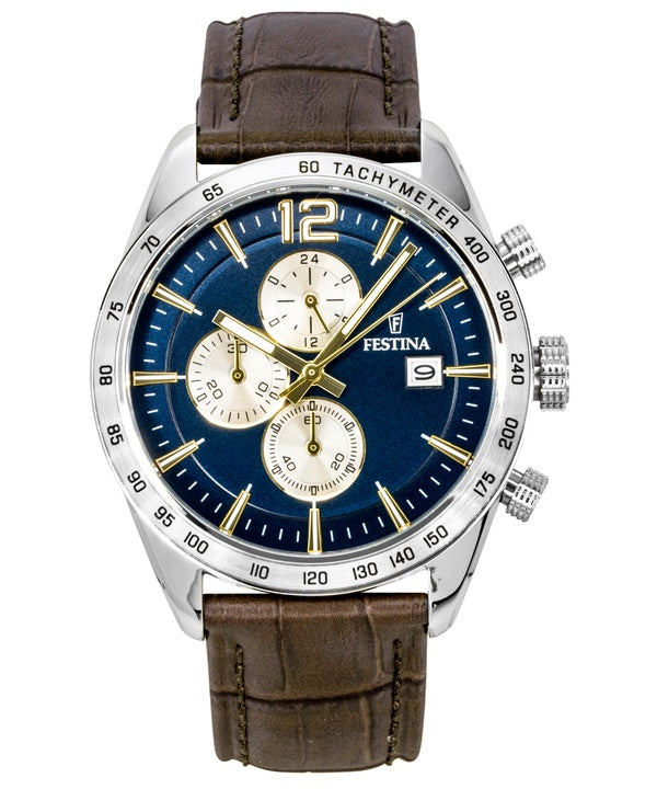Montre homme Festina Chronographe à bracelet en cuir, cadran bleu et mouvement à quartz F16760-7