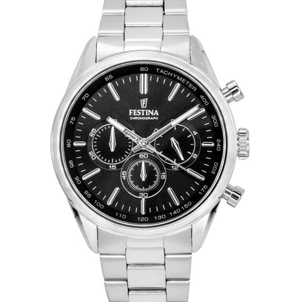 Montre homme Festina Timeless Chronograph en acier inoxydable, cadran noir, mouvement à quartz F16820-4, étanche à 100 m