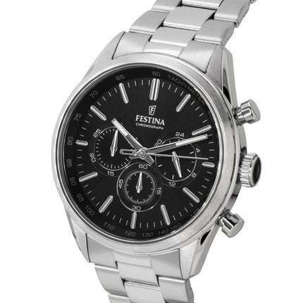 Montre homme Festina Timeless Chronograph en acier inoxydable, cadran noir, mouvement à quartz F16820-4, étanche à 100 m