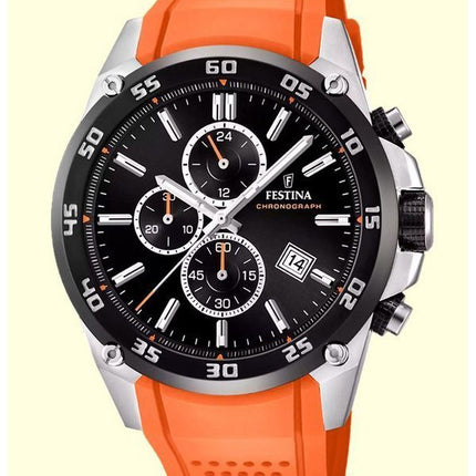 Montre chronographe Festina The Originals pour homme avec bracelet en caoutchouc orange et cadran noir, quartz F20330-4, 100 m