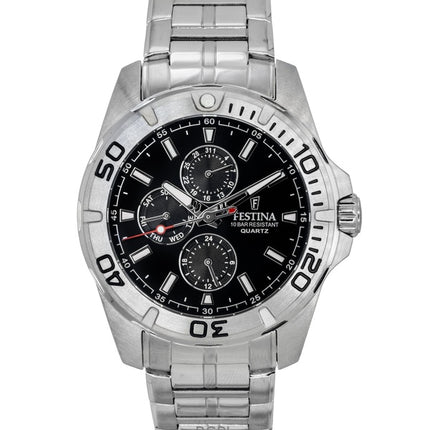Montre homme Festina multifonction en acier inoxydable, cadran noir, quartz F20445-3, 100 m