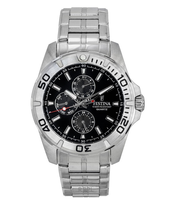 Montre homme Festina multifonction en acier inoxydable, cadran noir, quartz F20445-3, 100 m