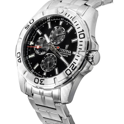 Montre homme Festina multifonction en acier inoxydable, cadran noir, quartz F20445-3, 100 m
