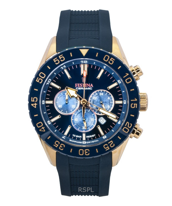 Montre chronographe Festina Ceramic pour homme, bracelet en caoutchouc, cadran bleu, quartz, F20516-1, 100 m