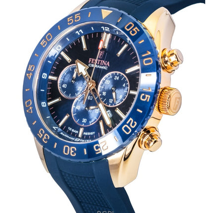 Montre chronographe Festina Ceramic pour homme, bracelet en caoutchouc, cadran bleu, quartz, F20516-1, 100 m