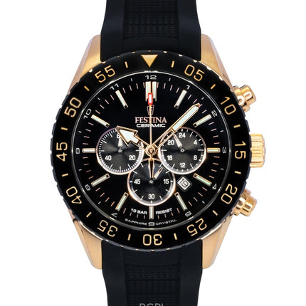 Montre chronographe Festina Ceramic pour homme, bracelet en caoutchouc, cadran noir, quartz, F20516-2, 100 m
