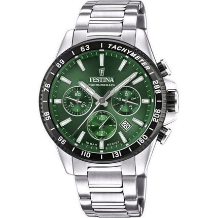 Montre pour homme Festina Timeless Chronographe en acier inoxydable avec cadran vert et quartz F20560-4 100M