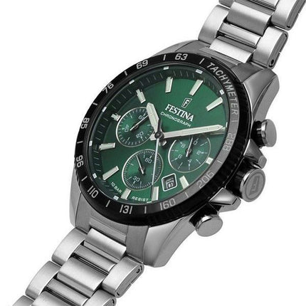 Montre pour homme Festina Timeless Chronographe en acier inoxydable avec cadran vert et quartz F20560-4 100M