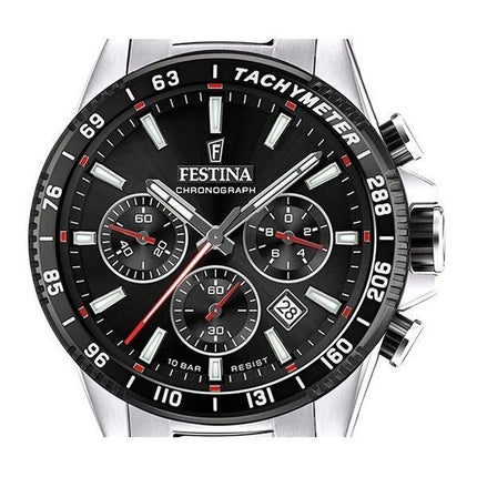 Montre chronographe Festina Timeless en acier inoxydable avec cadran noir et quartz F20560-6 100M pour homme