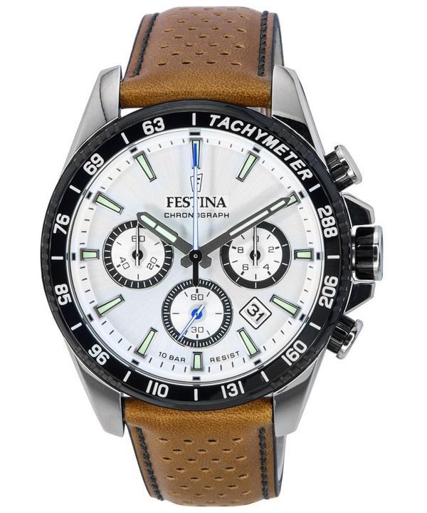 Montre Homme Festina Timeless Chronographe Bracelet Cuir Cadran Blanc F20561-1 F205611 100M