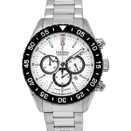 Montre chronographe Festina Ceramic pour homme, acier inoxydable, cadran blanc, quartz, F20575-1, 100 m