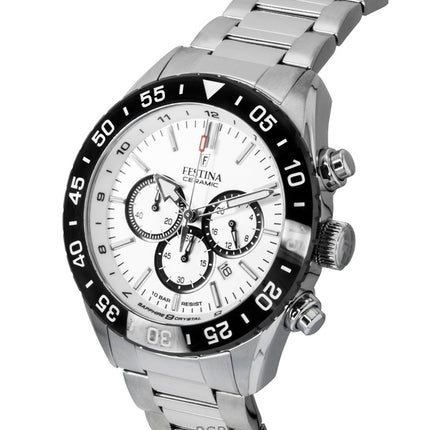 Montre chronographe Festina Ceramic pour homme, acier inoxydable, cadran blanc, quartz, F20575-1, 100 m