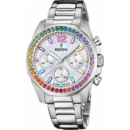 Montre Festina Rainbow Chronographe en acier inoxydable avec accents de cristal et cadran argenté à quartz F20606-2 100M pour fe