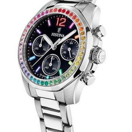 Montre Festina Rainbow Chronograph Accents Cristal Acier Inoxydable Cadran Noir Quartz F20606-3 100M Femme