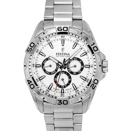 Montre homme Festina F20623-1 multifonction en acier inoxydable, cadran blanc, quartz, 100 m