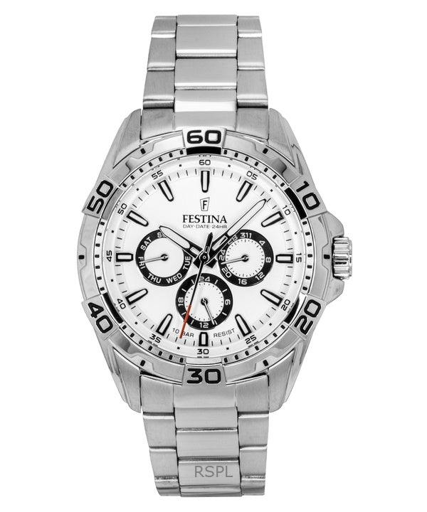 Montre homme Festina F20623-1 multifonction en acier inoxydable, cadran blanc, quartz, 100 m